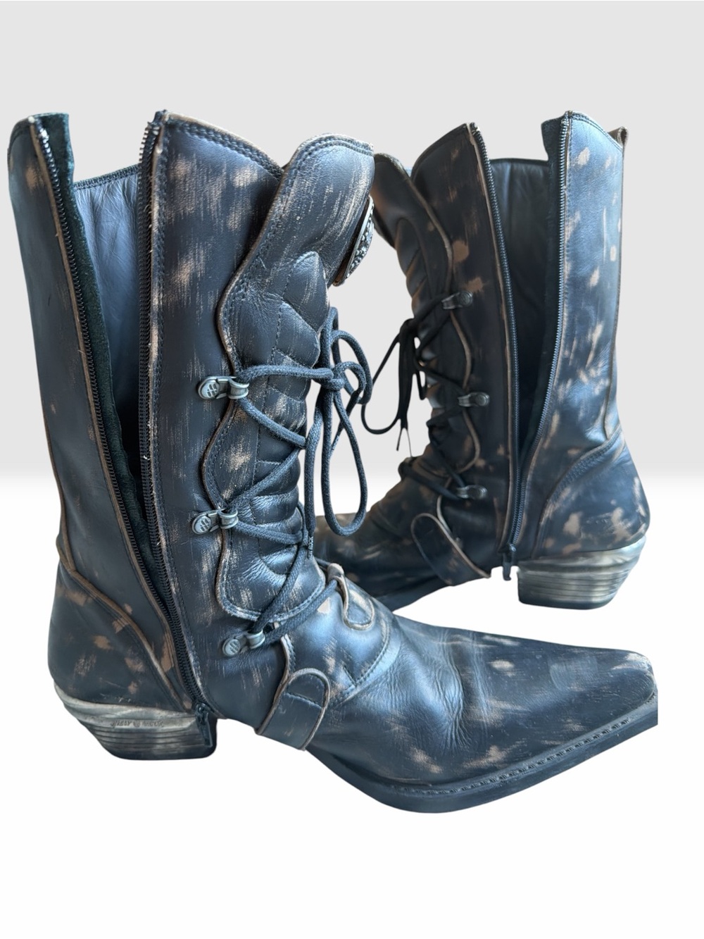 Distressed Black Western Lace-Up Cowboy Boots w/ Buckle Accents Sz US 12. EU 46 - Picture 4 of 10